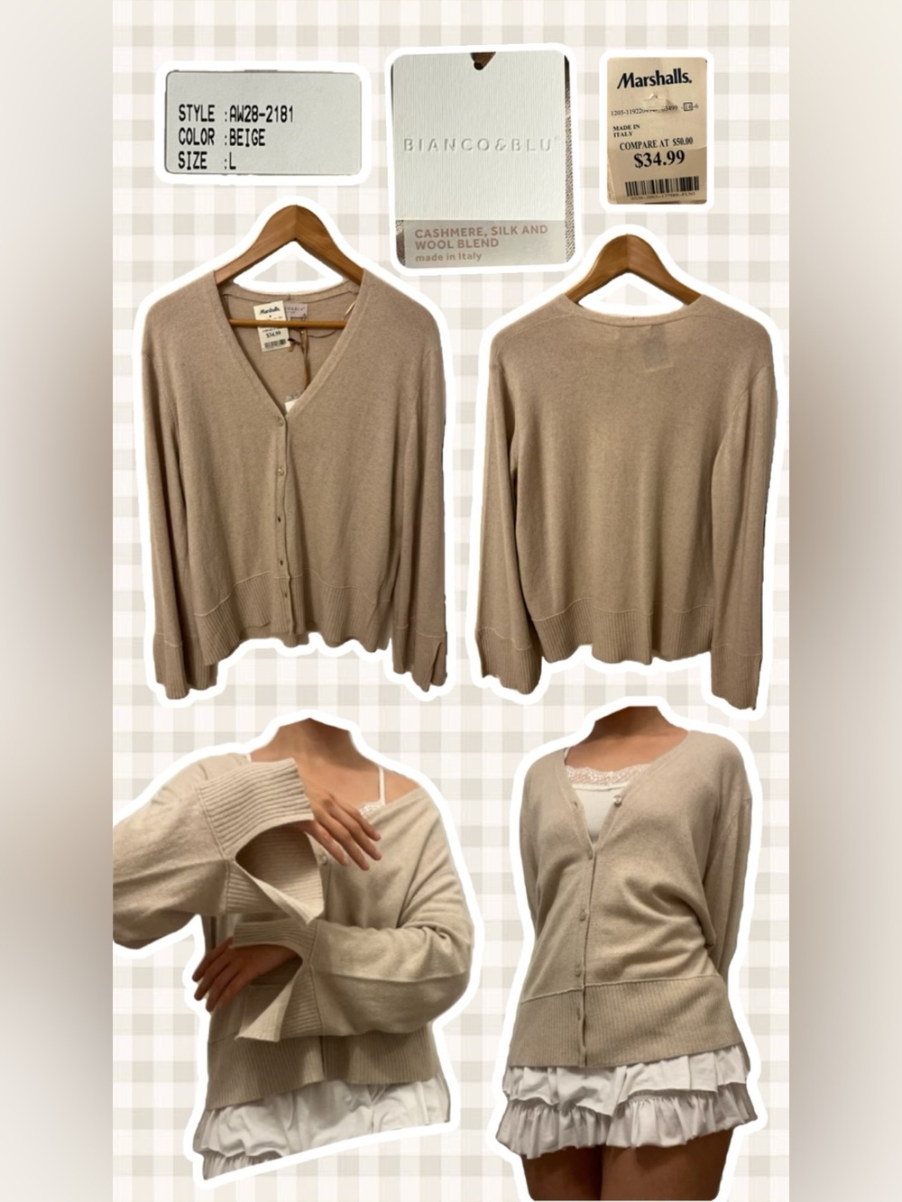 Beige Cashmere-Silk Blend V-Neck Cardigan